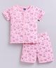 Little Ninja Cotton Knit Half Sleeves Animals Printed Coordinating Tee & Shorts Night Suit - Pink