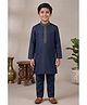 Lagorii Linen Woven Full Sleeves Mirror Work Placket Detailed Kurta & Pyjama Set - Navy Blue