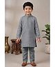 Lagorii Linen Woven Full Sleeves Mirror Work Placket Detailed Kurta & Pyjama Set - Grey