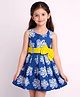 Rare Juniors Cotton Woven Sleeveless Floral Printed & Bow Applique Detailed Pleated Dress - Blue