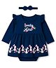Babyhug 100% Cotton Interlock Knit Full Sleeves Text & Bunny Printed Onesie With Hairband - Navy