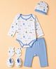 Babyhug 100% Cotton Interlock Knit Full Sleeves Onesies with Leggings & Cap Mittens & Booties With Vehicle Print - Light Blue