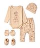 Babyhug 100% Cotton Interlock Knit Full Sleeves Animal Printed Onesies With Leggings & Cap Mittens and Booties Set - Beige