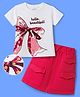 OLLINGTON ST. Cotton Knit  Half Sleeve Bow & Polka Dots Foil Printed Top &  Skirts Set - White & Pink