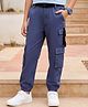 Arias Cotton Twill Woven Full Length Solid Joggers With Stretch Cargo Pockets & Belt - Navy blue