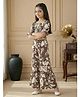 ISHTI Cotton Woven Half Puffed Sleeves Abstract Printed Smocked Top & Pants - Brown