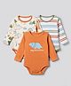Babyhug 100% Cotton Knit Full Sleeves Striped Onesies With Animal & Text Print Pack of 3 - Orange & White