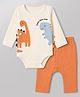 Babyhug 100% Cotton Interlock Knit Full Sleeves Onesies with Leggings & Animal Print - Offwhite & Orange