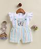 Annie Kids Jacquard Knit  Striped & Floral Printed Butterfly Embroidered Jumpsuit With Half Frill Sleeves Solid Top - Blue