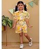Tiny Bugs Cotton Woven Puffed Sleeves Leaves Printed Coordinating Top & Shorts Set - Yellow