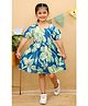 Tiny Bugs Cotton Woven Puffed Sleeves Floral & Leaves Printed Dress - Blue