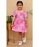 Tiny Bugs Cotton Woven Puffed Sleeves Floral & Leaves Printed Dress - Pink