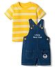 Babyhug Single Jersey Knit Half Sleeves Striped Tee With Bear Face & Text Embroidered Denim Dungaree - Navy & Yellow