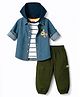 Babyhug Single Jersey Woven Half Sleeves Striped T-Shirt & Joggers Set With Hooded Denim Jacket - Blue Grey & Green