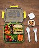 Mi Arcus Cat Print Kids Leakproof Bento Box with 4 Compartments Lunch Box with Spoon & Fork -Green & Yellow
