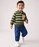Babyhug Single Jersey Knit Full Sleeves Striped T-Shirt & Denim Joggers Set with Bear Face Patch - Green