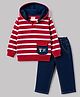 Babyhug Terry Knit Full Sleeves Hooded Striped T-Shirt & Denim Jeans - Red & Blue