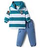 Babyhug Terry Knit Full Sleeves Hooded Striped T-Shirt & Denim Jeans Set - Teal Blue