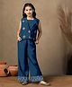 Fashion Dream Chanderi Woven Sleeveless Floral Embroidered Sequins Embellished Crop Top & Palazzo With Jacket Set - Blue