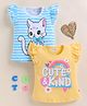 BUMZEE Cotton Knit Pack Of 2 Frill Sleeves Cat & Typography Printed Tees - Yellow & Blue
