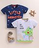BUMZEE Cotton Knit Pack Of 2 Half Sleeves Animal & Little Monster Text Printed Tees - Grey & Teal