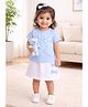 BUMZEE Cotton Knit Half Sleeves Heart & Floral Printed Top & Skirt Set - Sky Blue & White