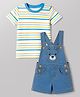 Babyhug Single Jersey Knit Half Sleeves Striped Tee With Bear Face Embroidered Denim Dungaree - Blue & White