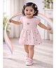 BUMZEE Cotton Knit Half Sleeves Striped & Bear Face Embroidered  Dress - Peach