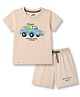 Pink Rabbit Sinker Knit Half Sleeves Crocodile & Vehicles Printed T-Shirt & Shorts Set - Beige