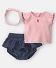 Carter's Cotton Knit To Woven Half Sleeves Top & Shorts Set With Headband & Seahorse Embroidery - Pink