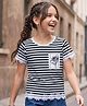 Arias Cotton Knit T-Shirts Yarn Dyed Stripe with Lace Detailing Navy Blue 2-3 Years