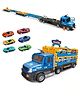 Happy Hues 2-in-1 Mega Hauler Truck Toy with 55-Inch Foldable Racing Track, Built-in Launcher & 6 Die-Cast Cars | Transformable Car Carrier Toy Storage for Kids -Blue & Yellow