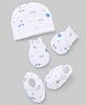 Babyhug 100% Cotton Interlock Knit Cap Mittens & Booties Set With Vehicle Print  White - Diameter 16.5 cm