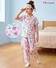 Honeyhap Premium Cotton Knit Half Sleeves Floral Printed Co-Ords Shirt & Pyjama Night Suit With Bio Wash- White & Pink