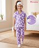 Honeyhap Premium Cotton Knit Half Sleeves Floral Printed Co-Ords Shirt & Pyjama Night Suit With Bio Wash - Violet