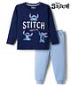 Bonfino Disney 100% Cotton Knit Full Sleeves T-Shirt & Pyjama Night Suit With Stitch Graphic- Navy & Light Blue