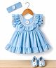Enfance Georgette Woven Frill Sleeves Self Designed Party Dress with Headband & Booties - Blue