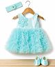 Enfance Georgette Woven Sleeveless Flower Applique Ruffle Detailed Party Dress With Headband & Booties - Sea Green