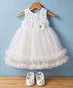 Bluebell Net Woven Sleeveless Sequinned Fit & Flare Frock with Floral Applique & Booties - White