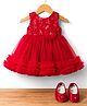 Bluebell Net Woven Sleeveless Sequinned Fit & Flare Frock with Floral Applique & Booties - Red