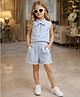 Superminis Cotton Woven Sleeveless Lace Trim Embellished Bow Applique Detailed & Striped Coordinating Top & Shorts Set - Blue