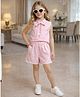 Superminis Cotton Woven Sleeveless Lace Trim Embellished Bow Applique Detailed & Striped Coordinating Top & Shorts Set - Pink