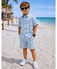 Superminis Cotton Woven Half Sleeves Striped & Floral Printed Coordinating Shirt & Shorts Set - Sky Blue