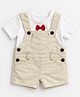 Spool Junior Cotton Knit Solid Dungaree With Half Sleeves Bow Applique Detailed Tee - Cream