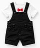 Spool Junior Cotton Knit Solid Dungaree With Half Sleeves Bow Applique Detailed Tee - Black