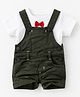 Spool Junior Cotton Knit Solid Dungaree With Half Sleeves Bow Applique Detailed Tee - Green
