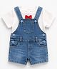 Spool Junior Cotton Knit Solid Dungaree With Half Sleeves Bow Applique Detailed Tee - Light Blue