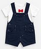 Spool Junior Cotton Knit Solid Dungaree With Half Sleeves Bow Applique Detailed Tee - Navy Blue