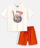 Nap Chief Cotton Blend Knit Half Sleeves Ramen Club Text Printed Oversized Tee & Shorts Set - White