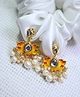 Kamule Stone & Pearl Embellished Floral Designed Kundan Earrings - Yellow White & Gold
